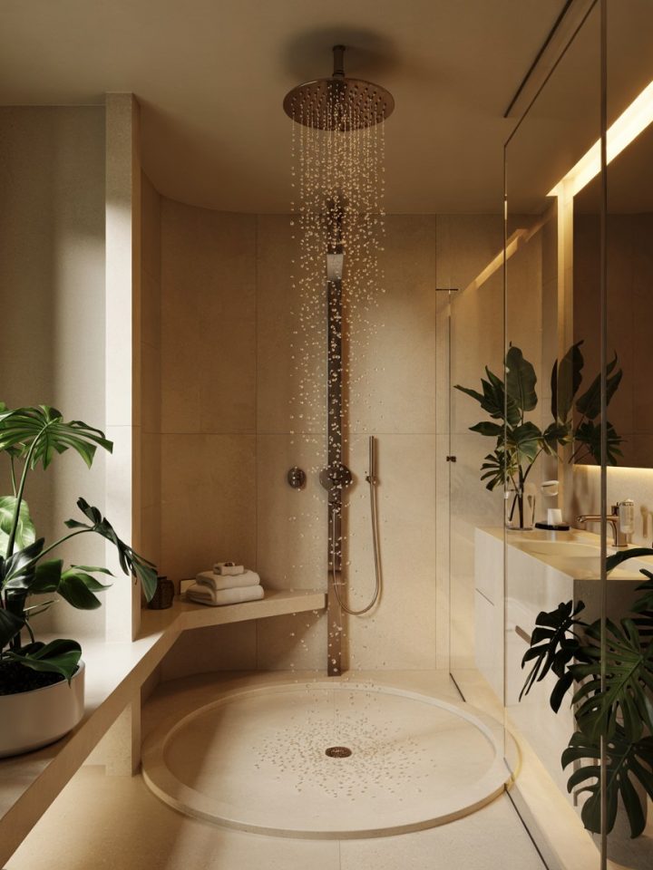 Luxury Spa Bathroom Design Ideas with Rainfall Shower and Plants