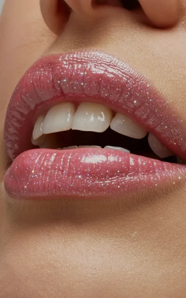 Glossy pink lipstick with glitter – my go-to for a plump shimmer pout