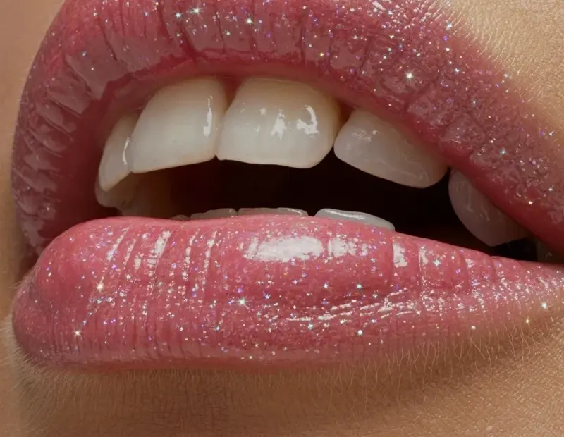 Glossy pink lipstick with glitter – my go-to for a plump shimmer pout