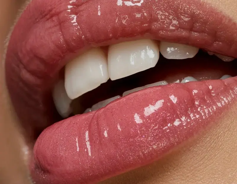Sparkly Pink Lipstick with Glossy Metallic Shine on Full Lips